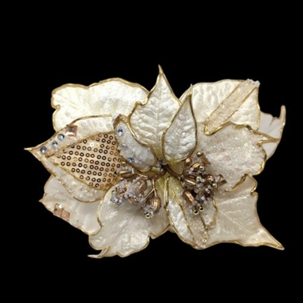 Poinsettia‎ Christmas Ornaments Set of 2 Clip On Gold Cream Glitter NEW NIB NWT